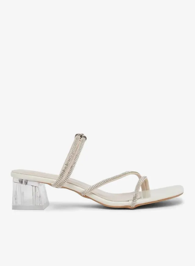Rhinestone Block Heel Sandals Beige