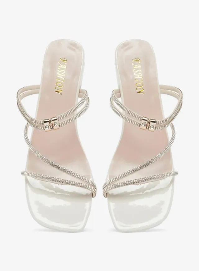 Rhinestone Block Heel Sandals Beige – image 5