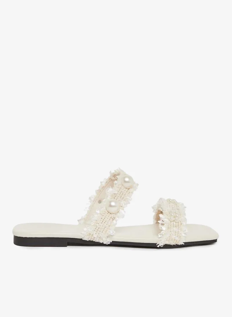 Pearl Embellished Slides Beige