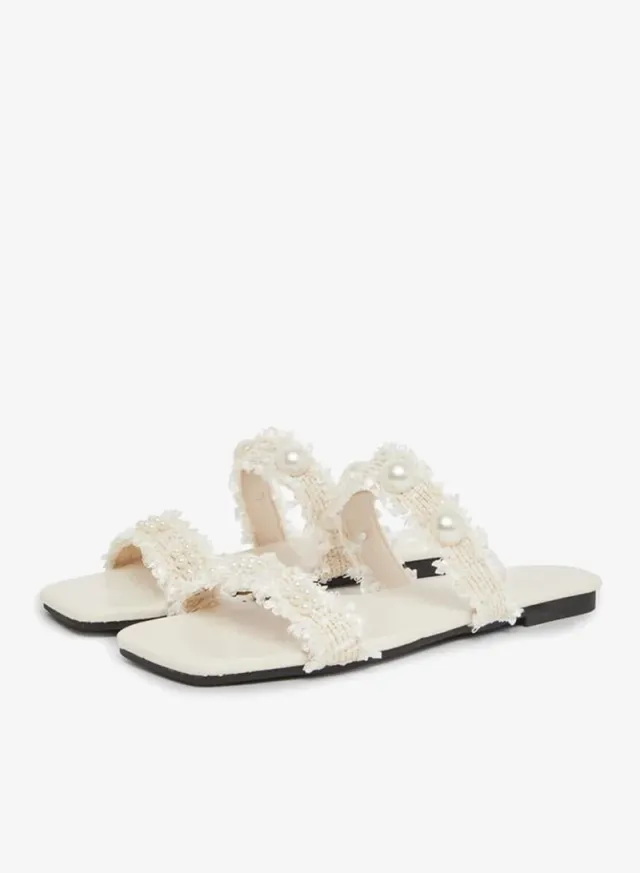 Pearl Embellished Slides Beige – image 2