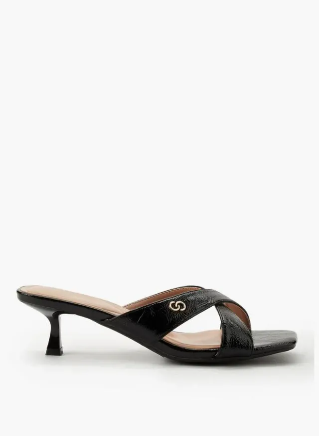 Women's Black PU Kitten Heel Sandals - Slip-On Cross-Strap Design – image 2