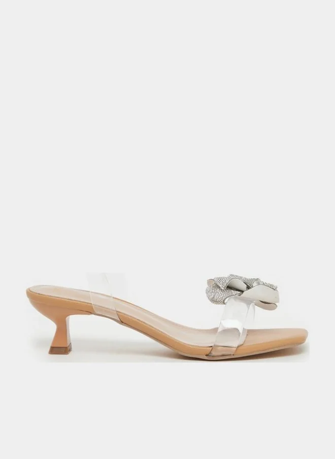 Metallic Flower Clear Strap Kitten Heel Sandals