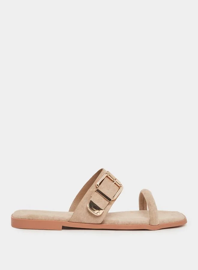 Buckle Detail Flat Sandals Khaki