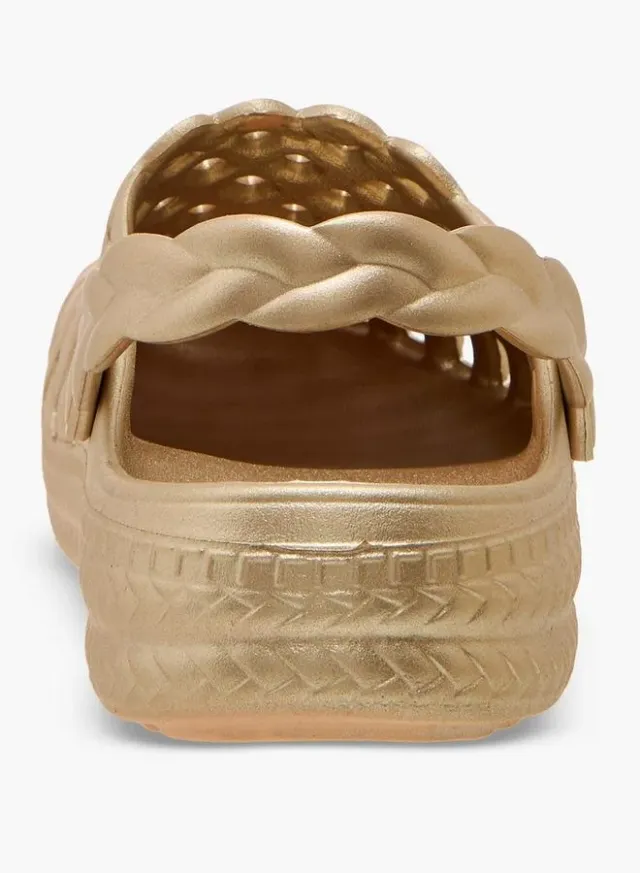 Gold PU Women's Flat Clogs with Intricate Woven Design and Comfortable Footbed – image 4