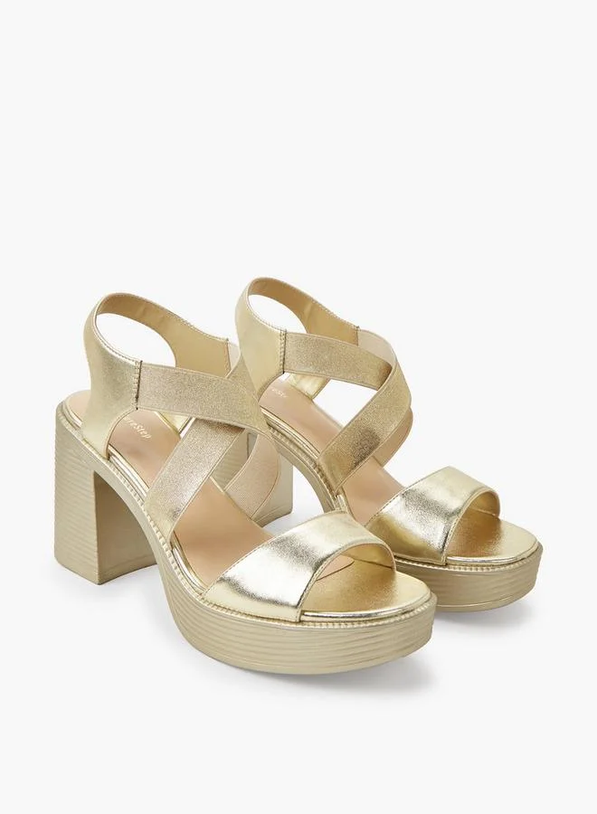 Women's Lightweight Metallic Block Heel Elastic Cross-Strap Sandals