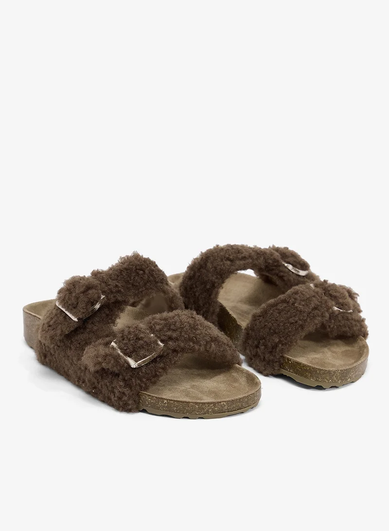 Cork Faux Fur Flat Sandals