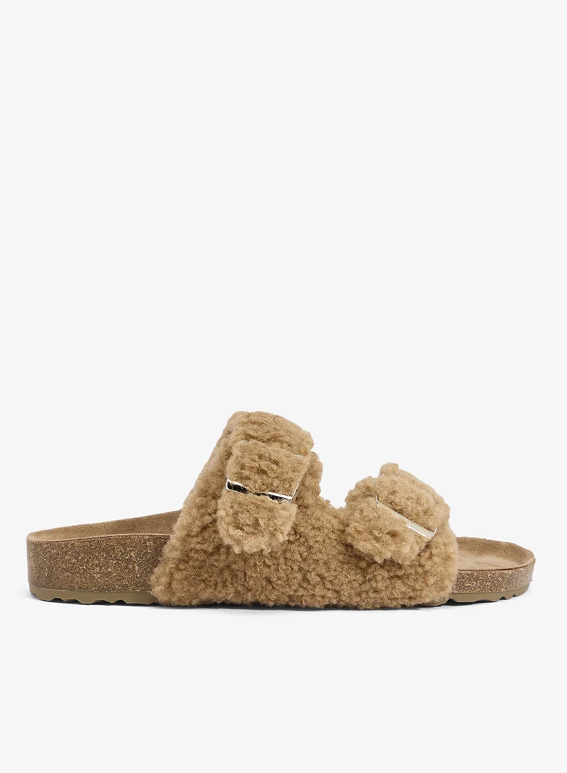Cork Faux Fur Flat Sandals