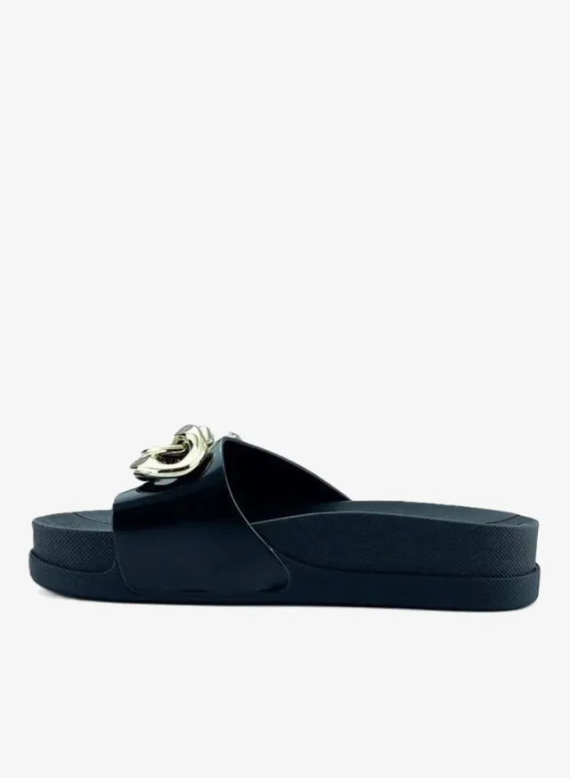 Women's Open-Toe Platform Sandals with Gold Chain Detail - White/Black – image 3