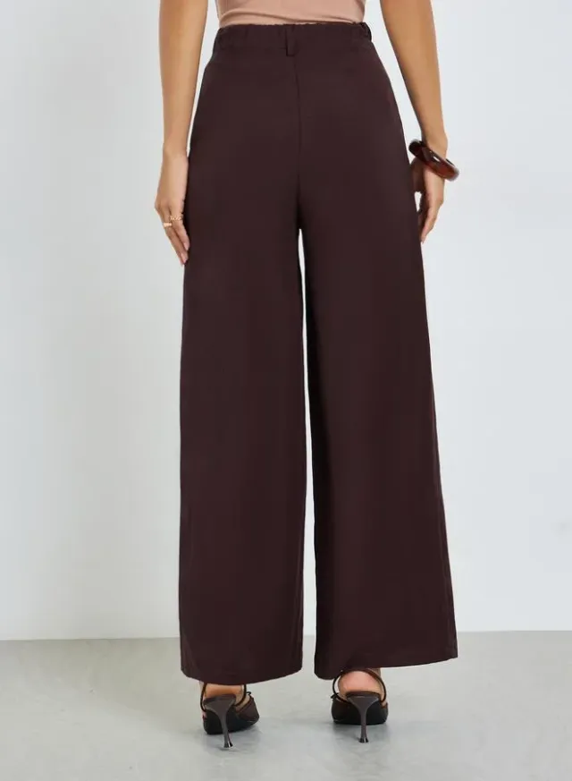 Wide Leg Linen Look Pants Brown – image 4
