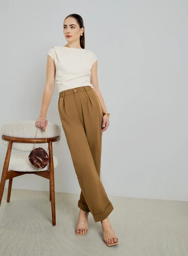 Wide Leg Pleated Trousers Beige