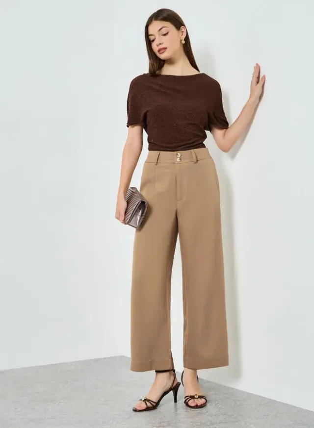 Tan Solid High-Rise Cropped Wide-Leg Trousers – image 4