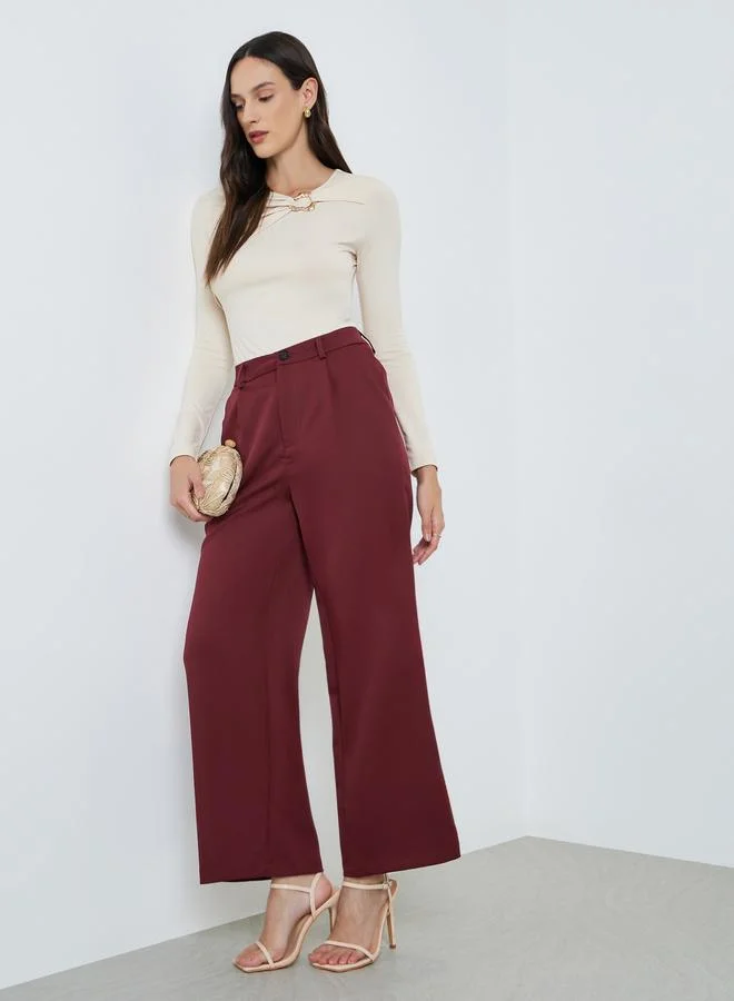 High-Rise Straight Leg Trousers Burgundy