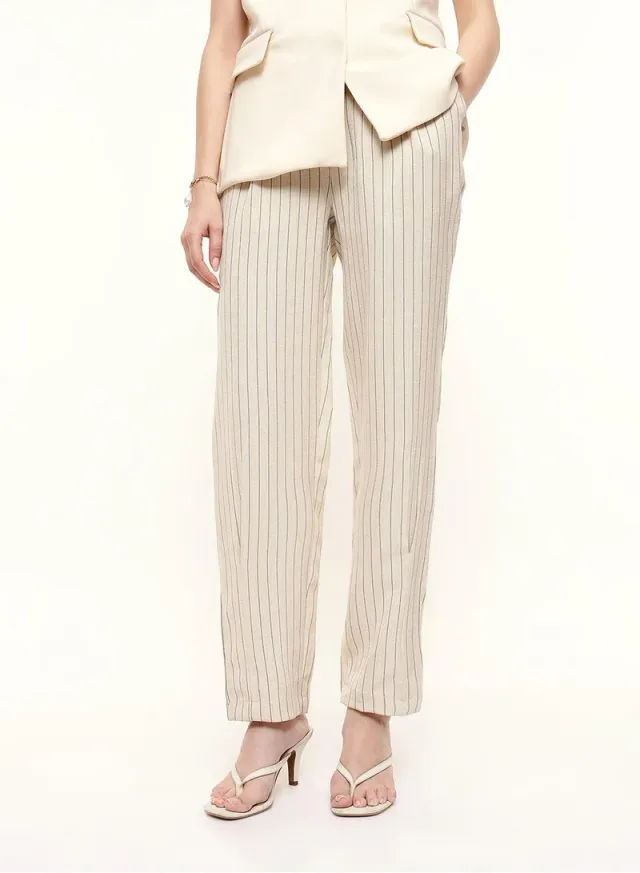 Beige Striped Ankle-Length Chinos for Women - Straight Fit – image 3