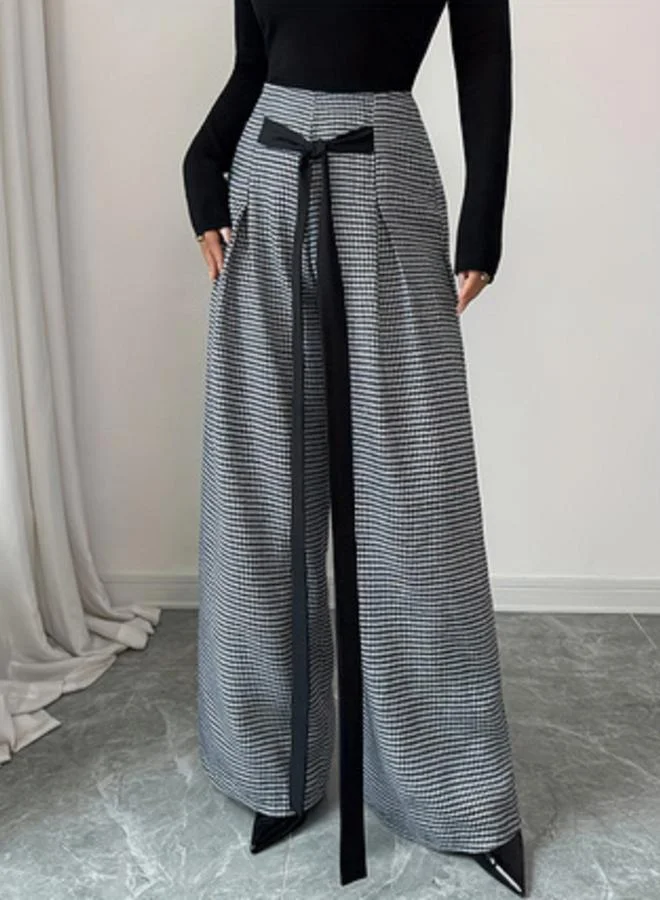 Houndstooth Wide Leg Tie-Waist Trousers