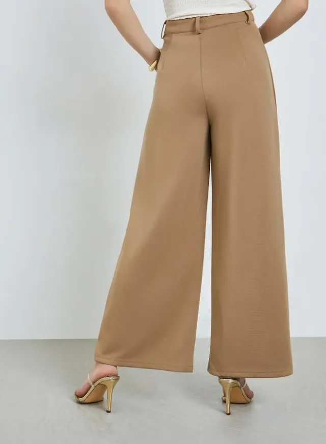 Wide Leg Pleated Trousers, Tan – image 4