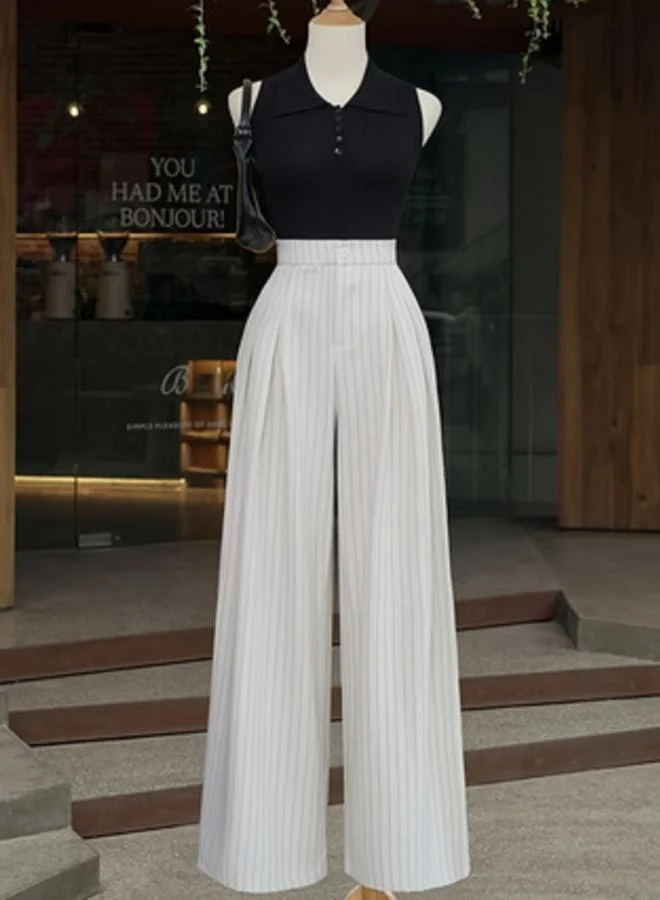 Striped High Rise Wide Leg Pants White