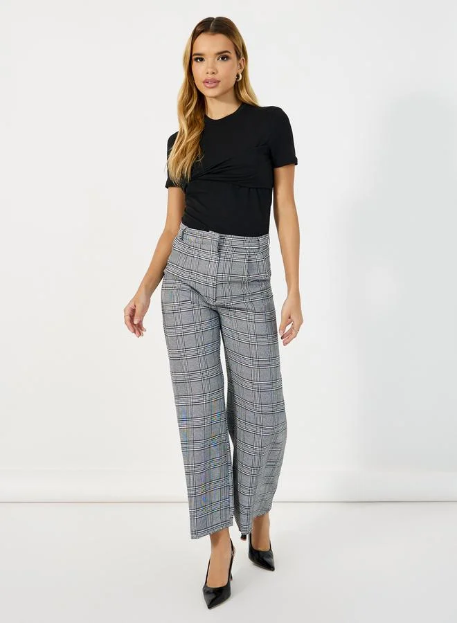 High Rise Wide Leg Checked Trousers
