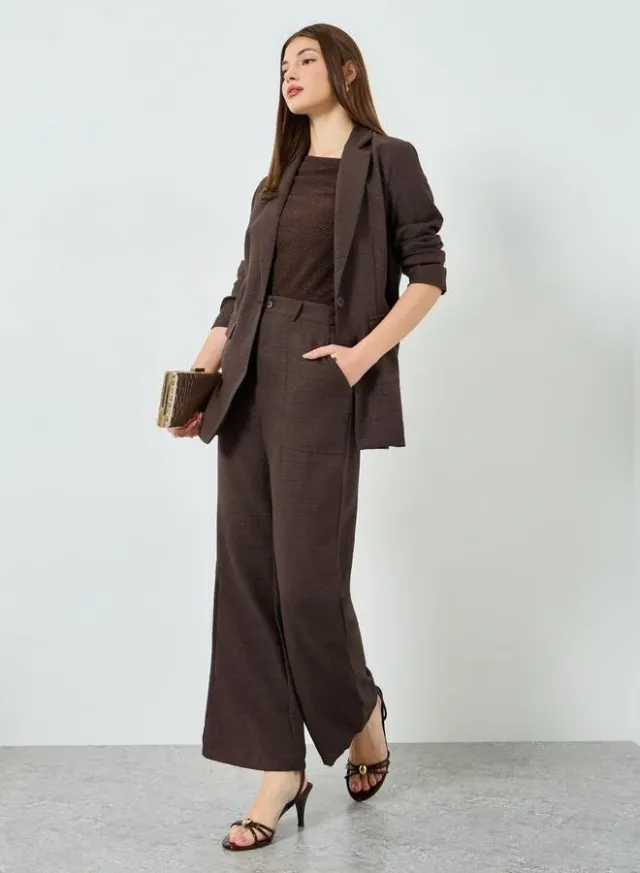 Linen Look Wide Leg Trousers Brown
