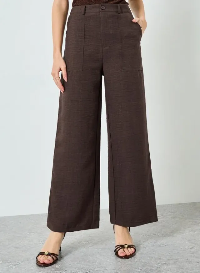 Linen Look Wide Leg Trousers Brown – image 2