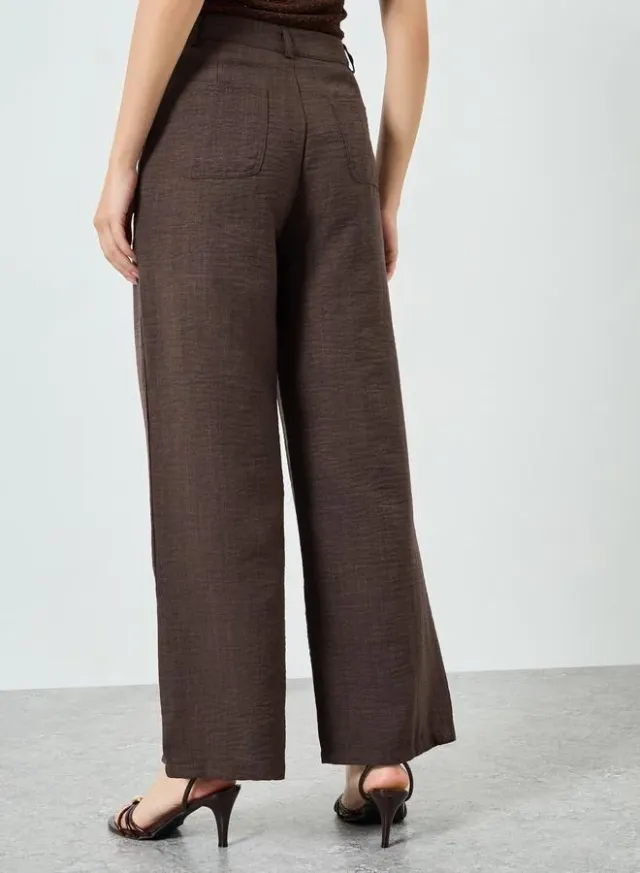 Linen Look Wide Leg Trousers Brown – image 4