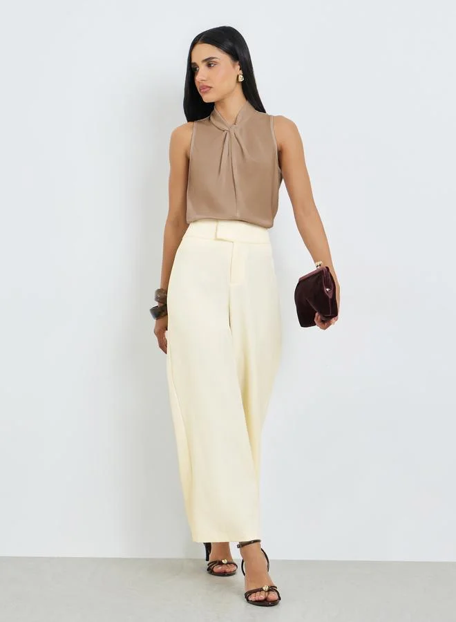 Extended Waistband Wide Leg Pants, Grey