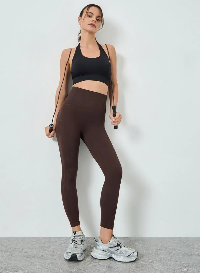 Textured Rib Broad Waistband Leggings Brown