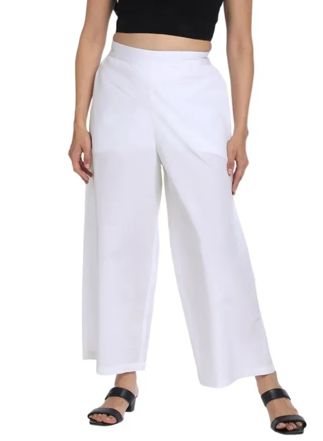 White Cotton Blend Wide Leg Cropped Trousers for Women – image 5