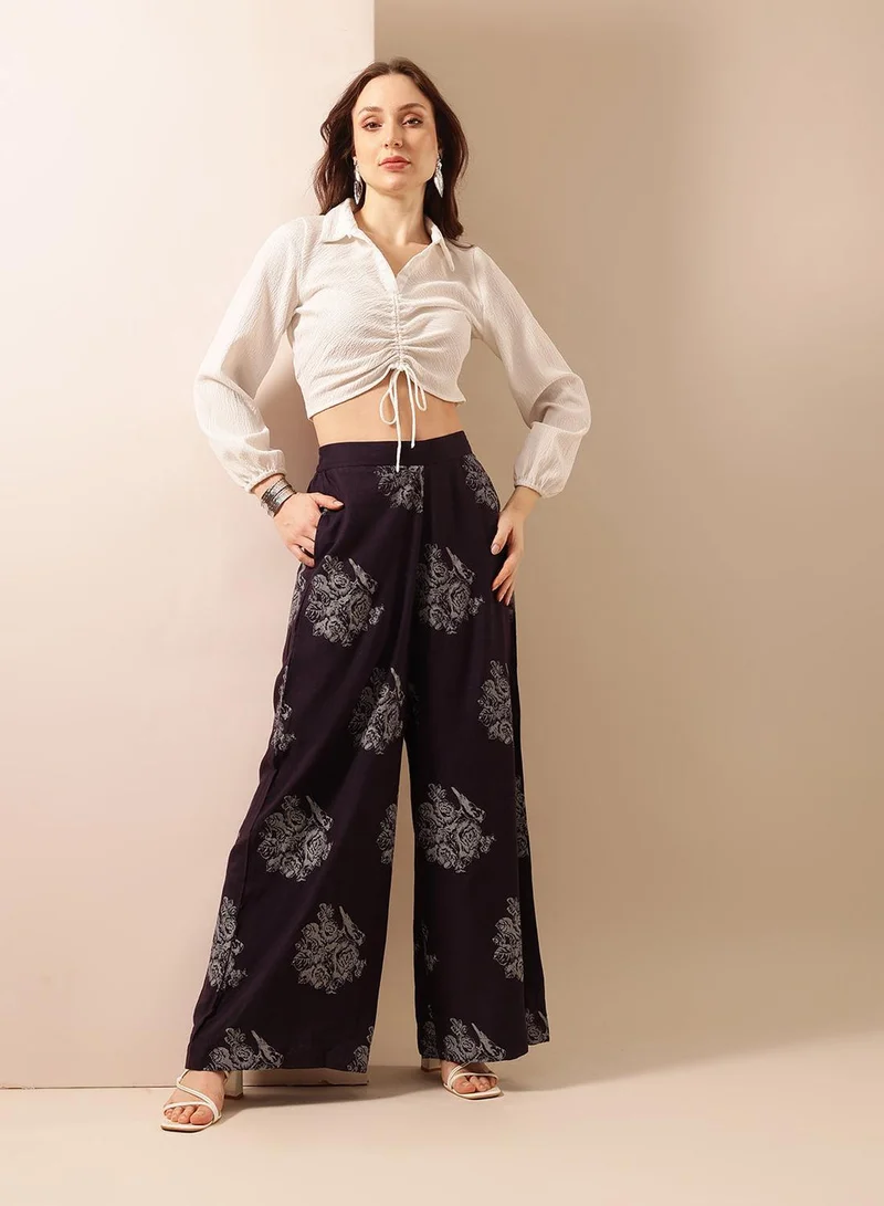 Women's Printed Poly Blend Palazzo Flared Trousers, Indigo