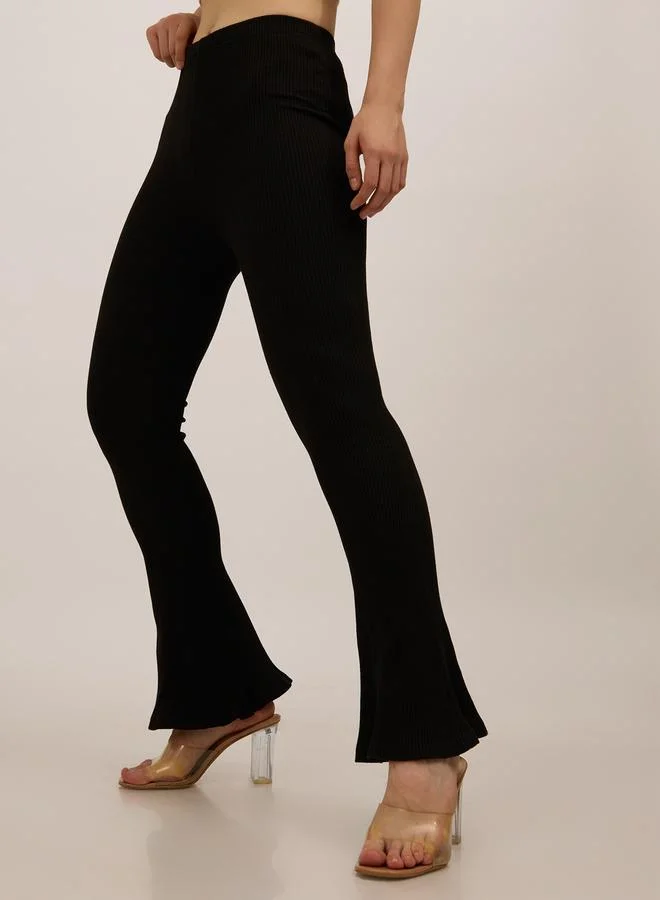 Ribbed Basic Flared Leggings Black