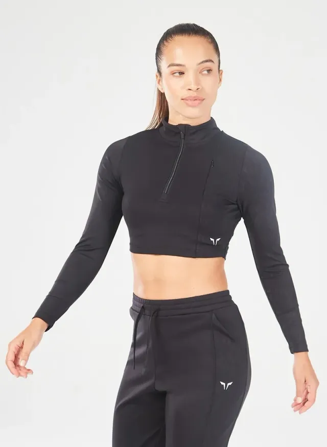 Black Cropped High-Neck Long-Sleeve Active Top for Women – image 7
