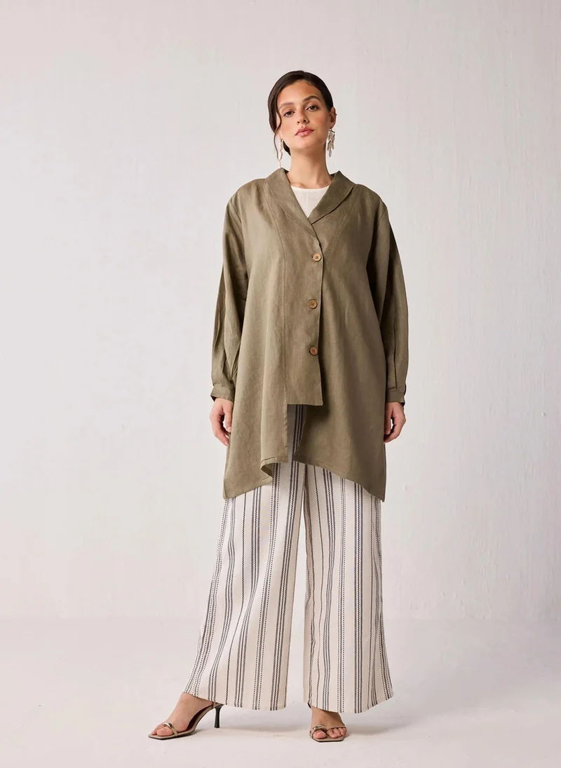 Oversized Mid-Length Hemp Overlay Shawl Collar Dark Green