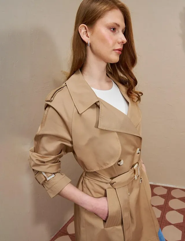 Epaulette Double Breasted Trench Coat Beige – image 3