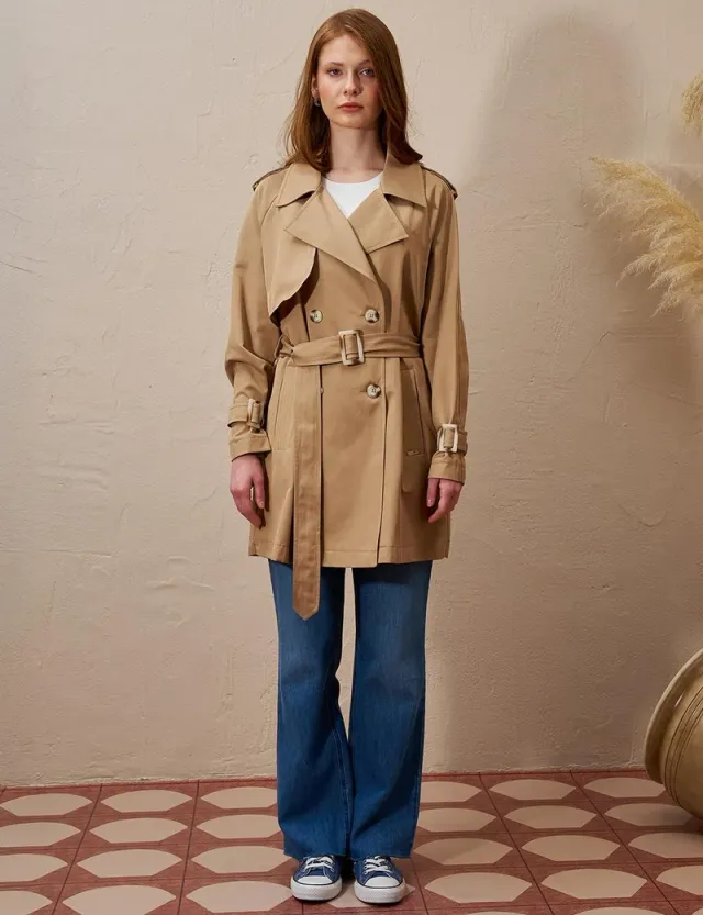Epaulette Double Breasted Trench Coat Beige – image 5