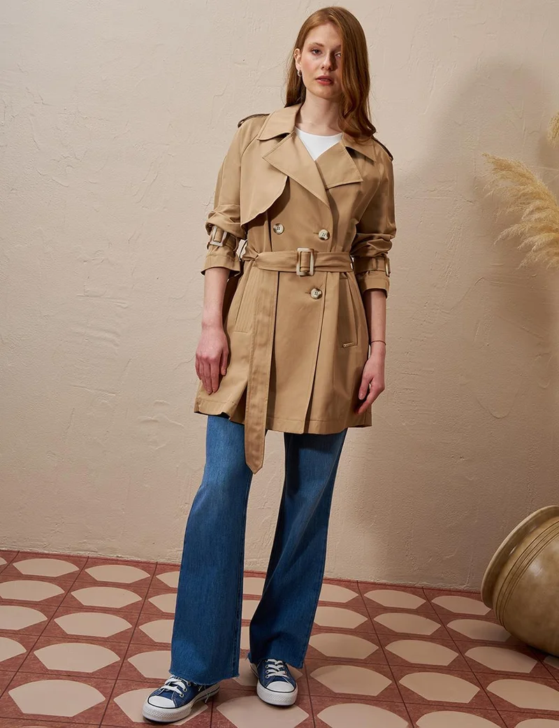 Epaulette Double Breasted Trench Coat Beige
