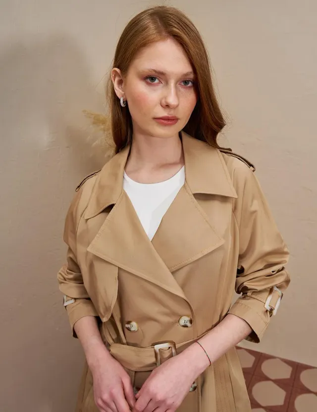 Epaulette Double Breasted Trench Coat Beige – image 7