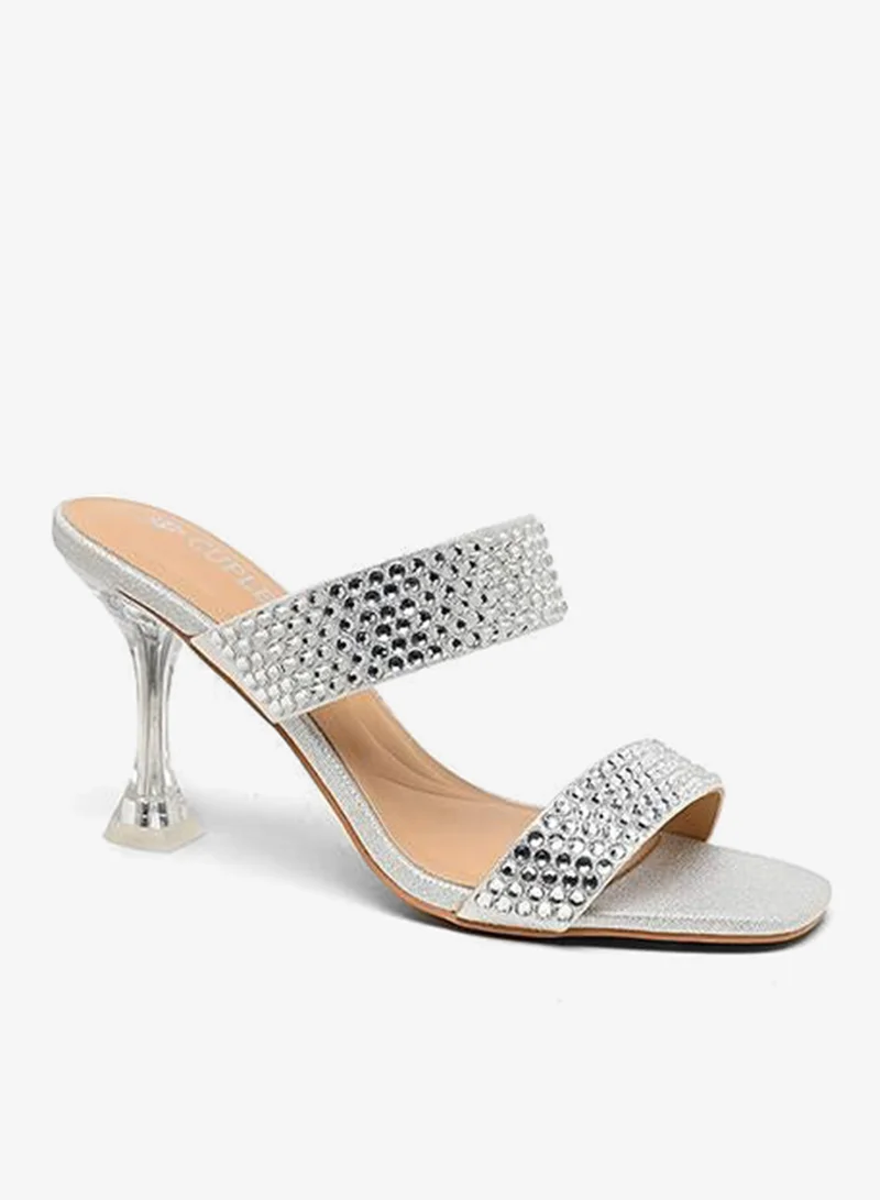Dual Embellished Strap High-Heel Mules