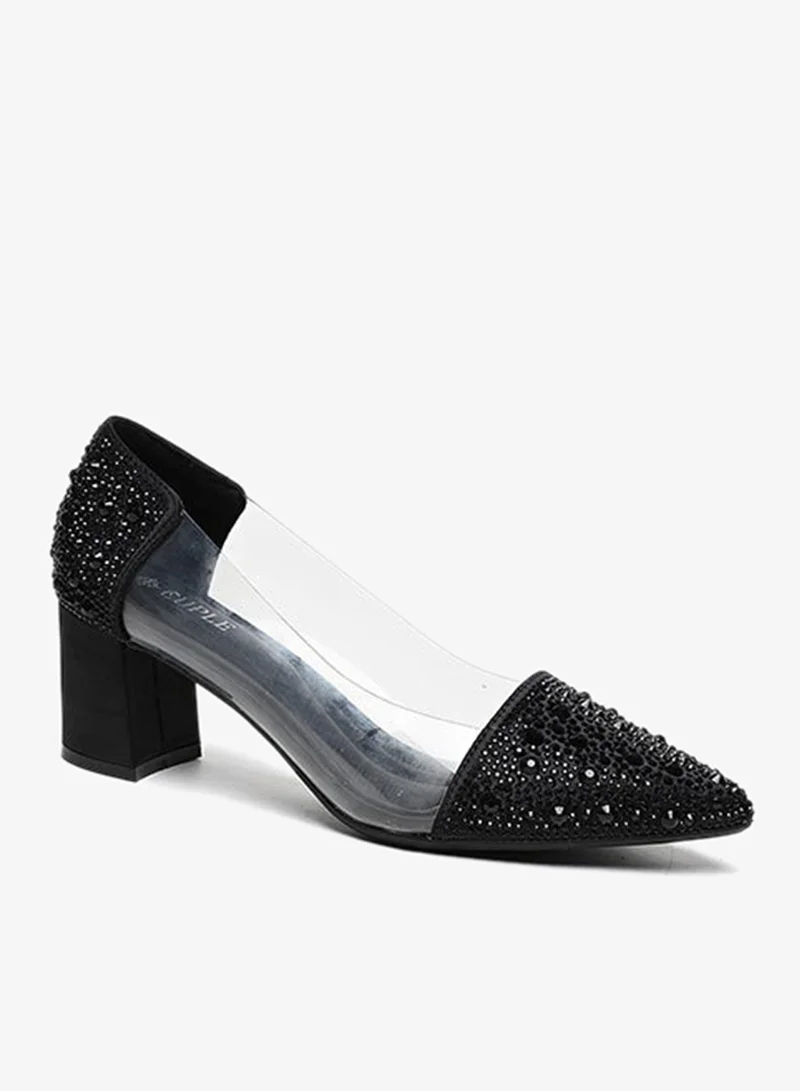 Embellished Clear Panel Heeled Pump