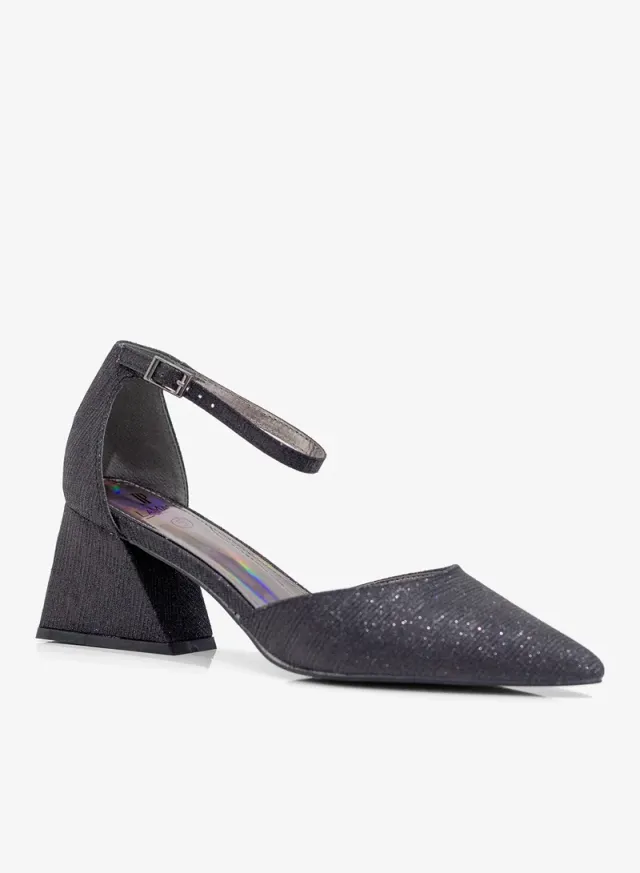 Pointed Toe Shimmer Ankle Strap Heels 6cm Black