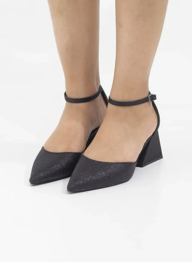 Pointed Toe Shimmer Ankle Strap Heels 6cm Black – image 3