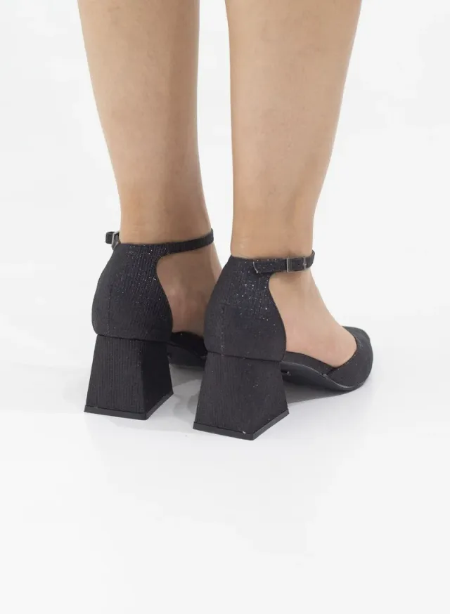 Pointed Toe Shimmer Ankle Strap Heels 6cm Black – image 4