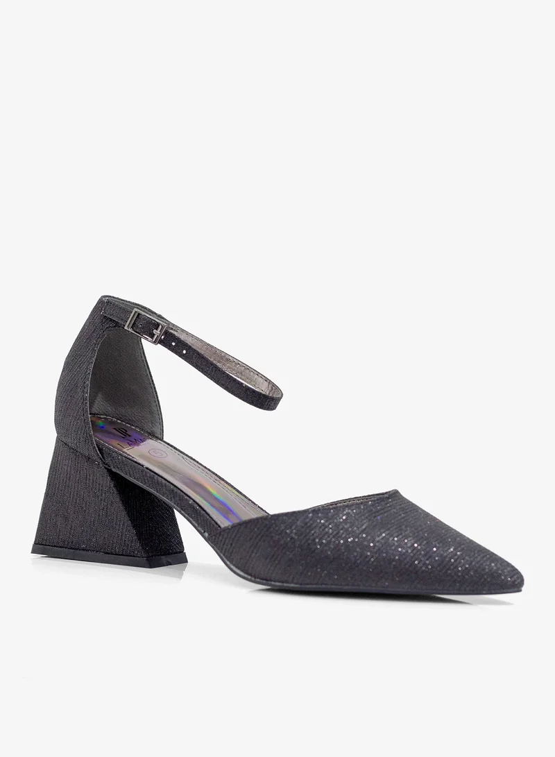 Pointed Toe Shimmer Ankle Strap Heels 6cm Black