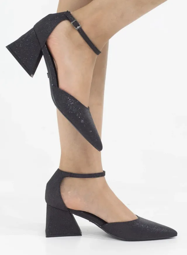 Pointed Toe Shimmer Ankle Strap Heels 6cm Black – image 2
