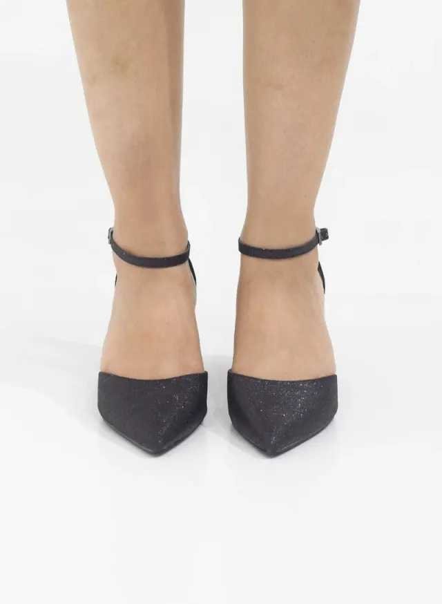 Pointed Toe Shimmer Ankle Strap Heels 6cm Black – image 5