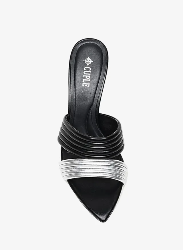 Heeled Slide Sandal Ribbed Straps Black – image 3
