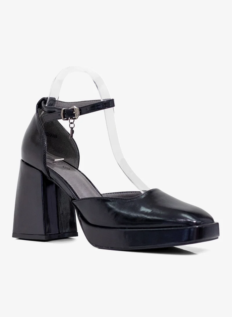 Eshana PU Open-Waist 9cm Platform Heels Black