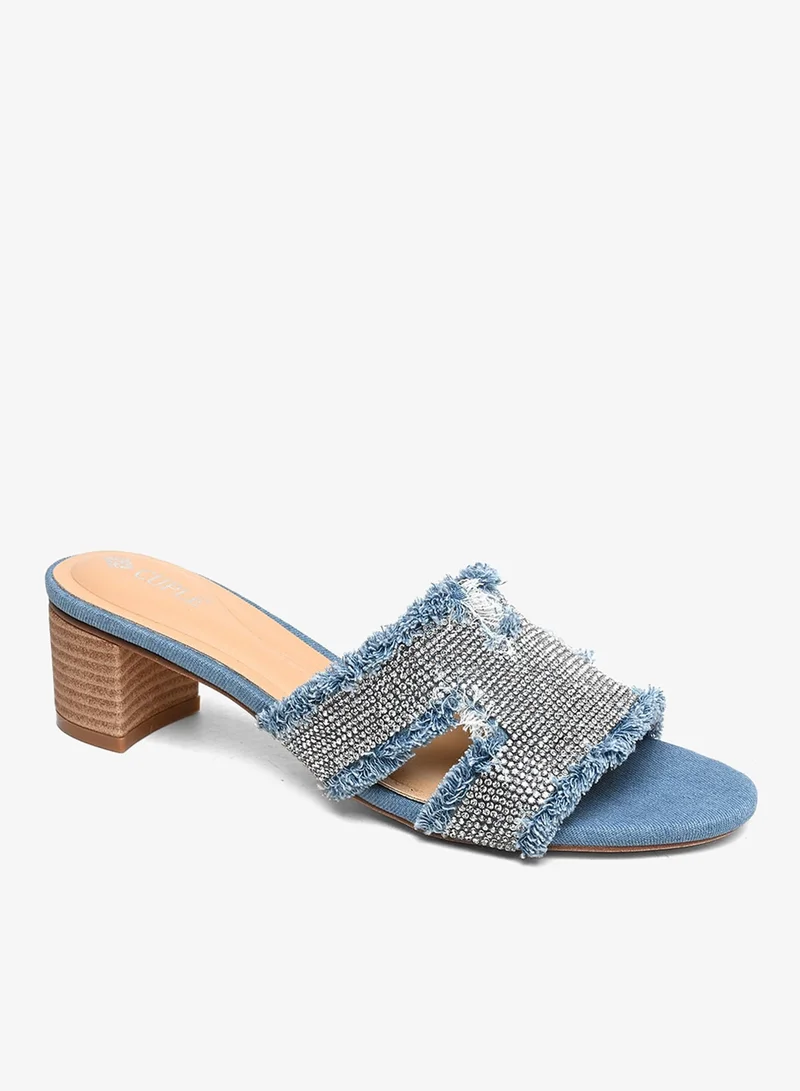 Crystal Block Heel Mule Denim