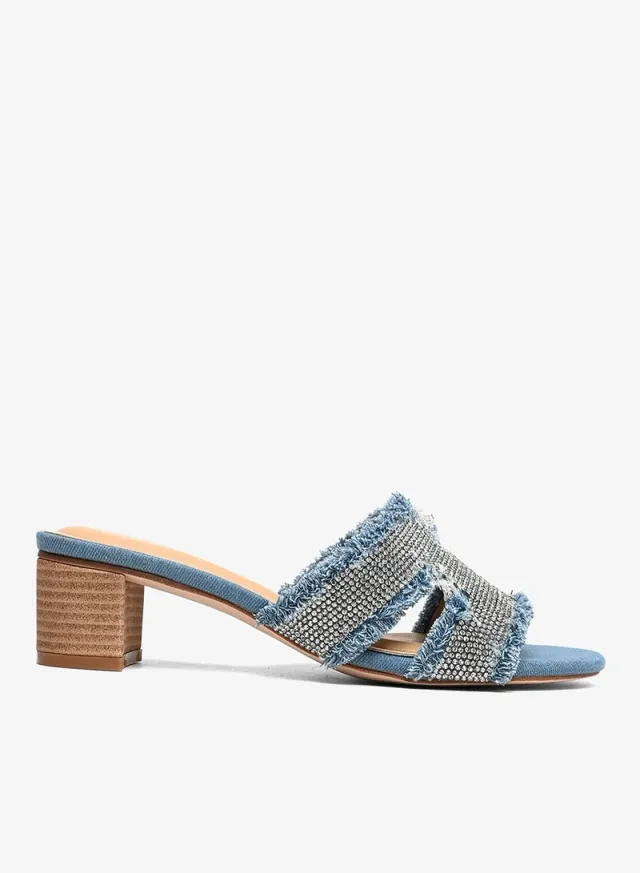 Crystal Block Heel Mule Denim – image 2