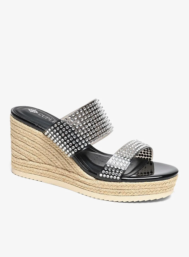 Double Strap Embellished Wedge Sandals