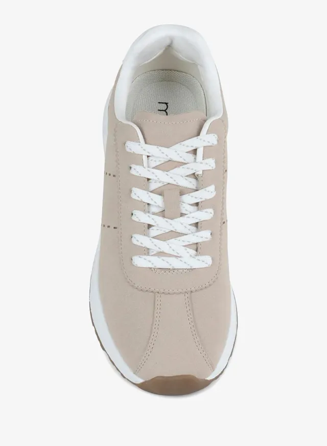 Beige Suede Lace-Up Sneaker with Metallic Heel Detail – image 4