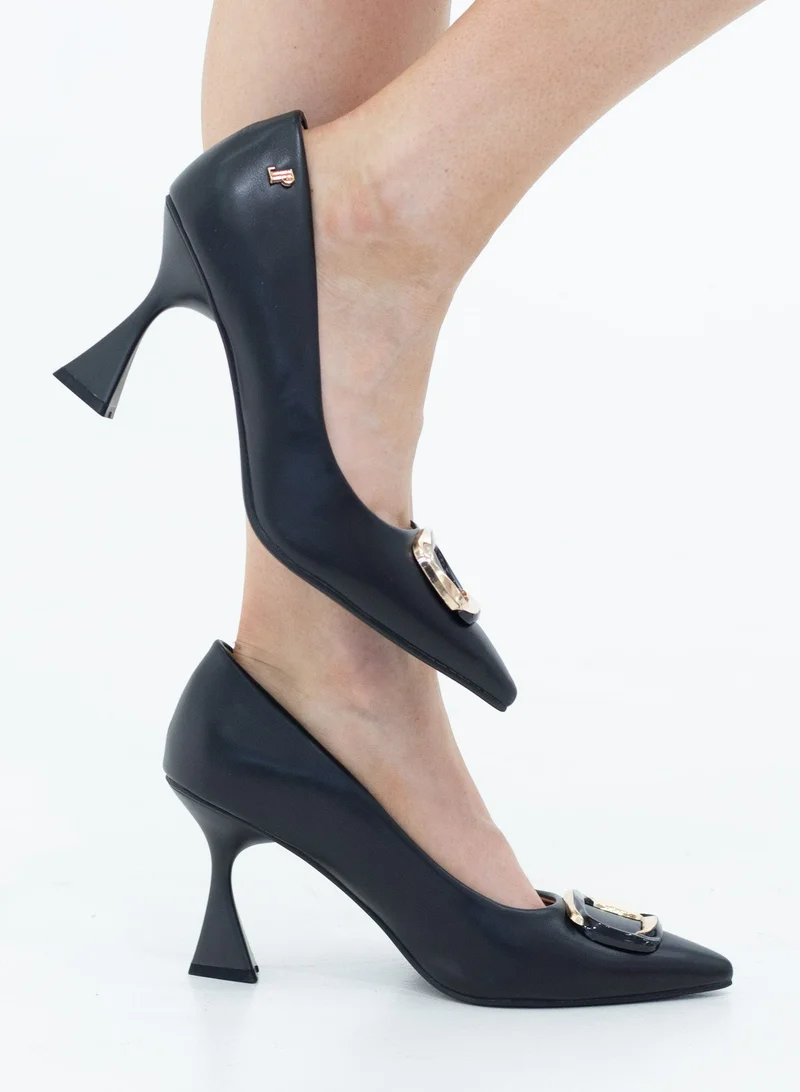 9cm Pointy Square Trim PU Court Heels black